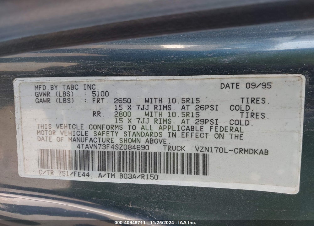 1995 TOYOTA TACOMA XTRACAB VIN: 4TAVN73F4SZ084690