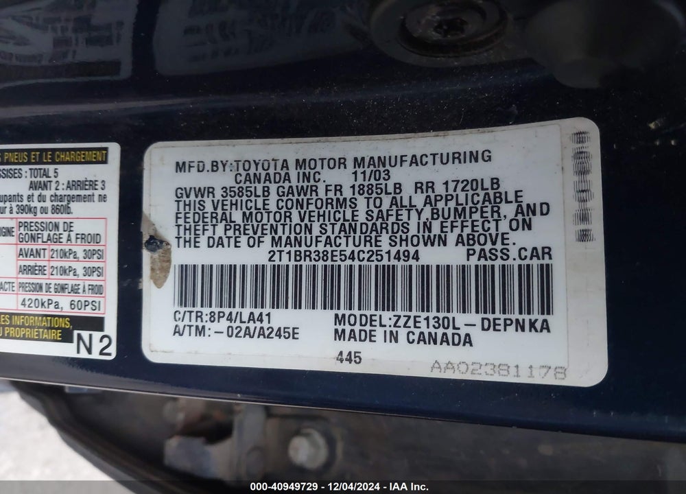 2004 TOYOTA COROLLA LE VIN: 2T1BR38E54C251494