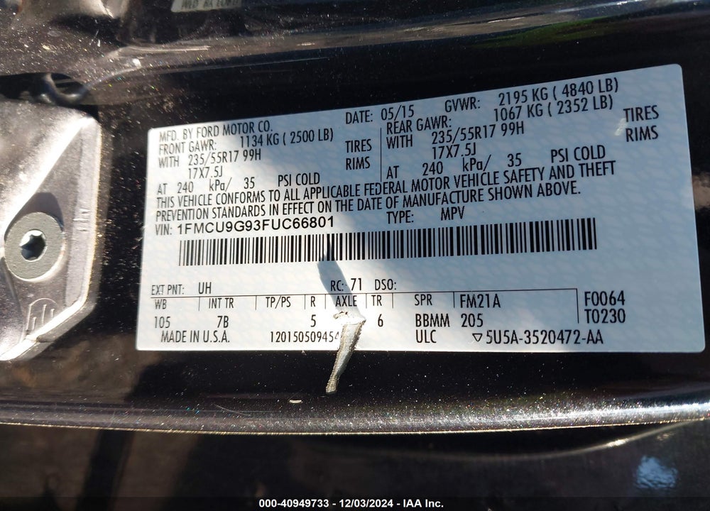 2015 FORD ESCAPE SE VIN: 1FMCU9G93FUC66801