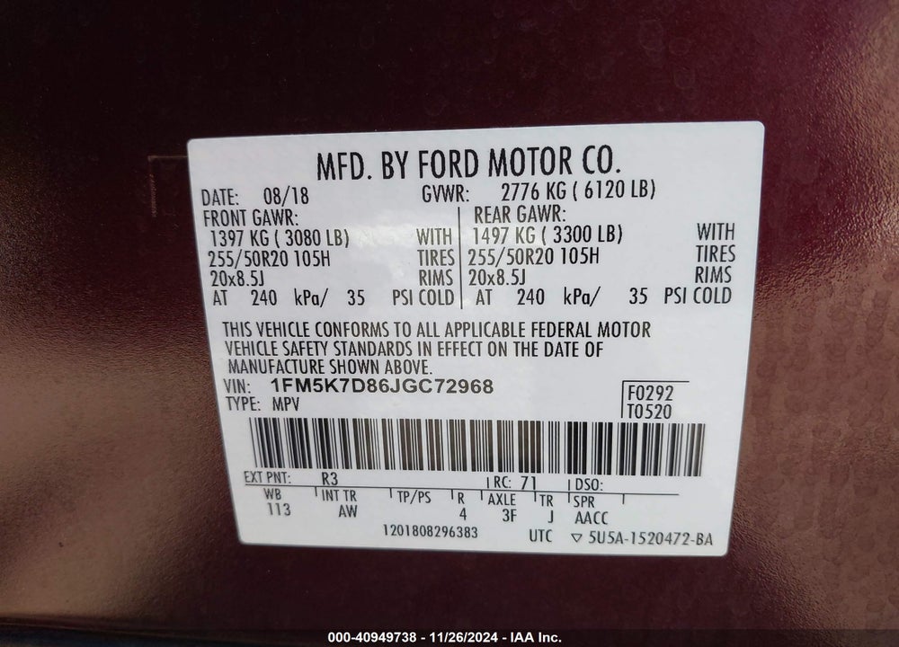 2018 FORD EXPLORER XLT VIN: 1FM5K7D86JGC72968