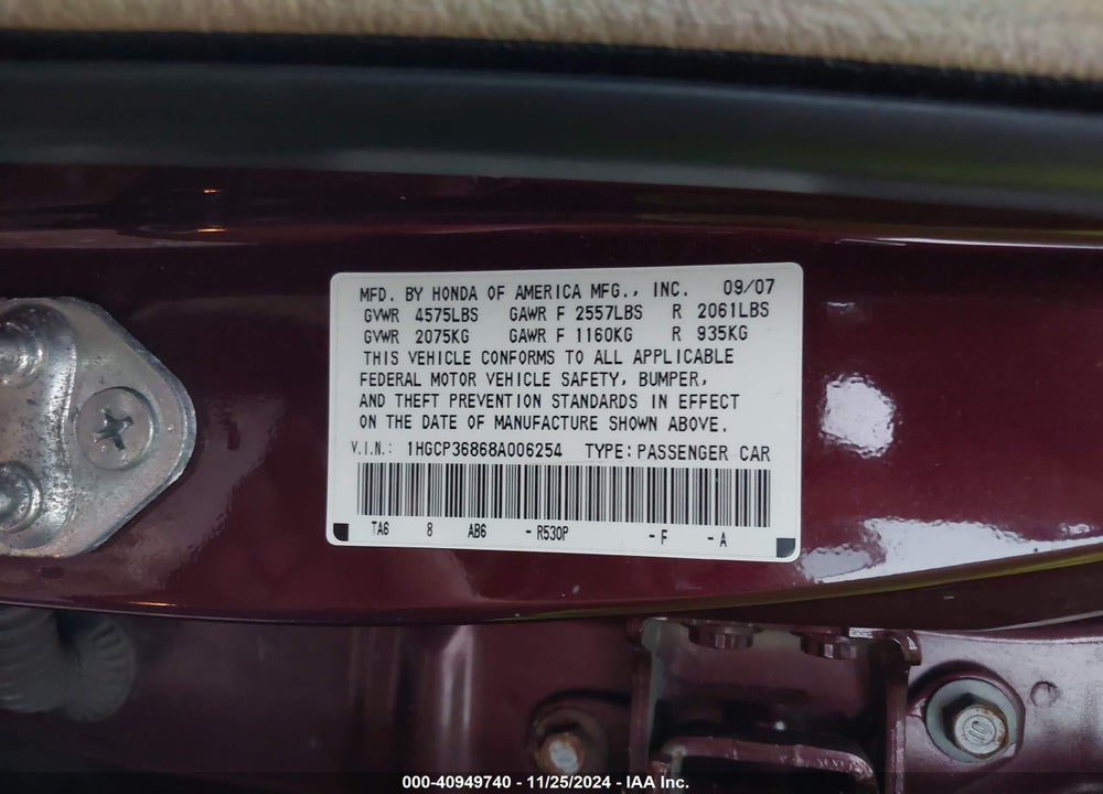 2008 HONDA ACCORD 3.5 EX-L VIN: 1HGCP36868A006254
