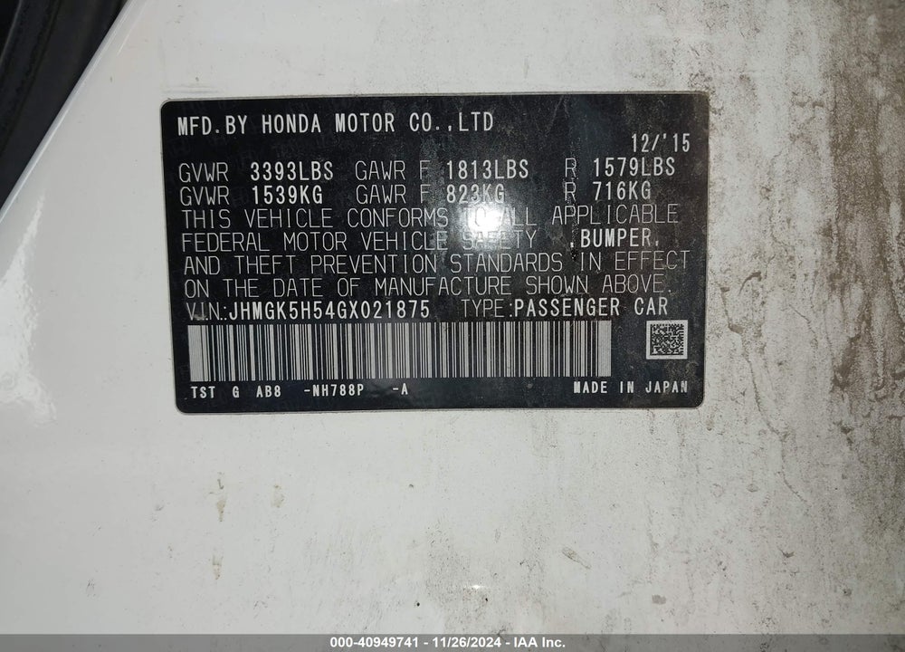 2016 HONDA FIT LX VIN: JHMGK5H54GX021875