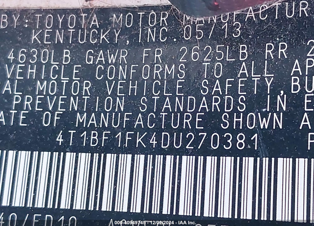 2013 TOYOTA CAMRY LE VIN: 4T1BF1FK4DU270381