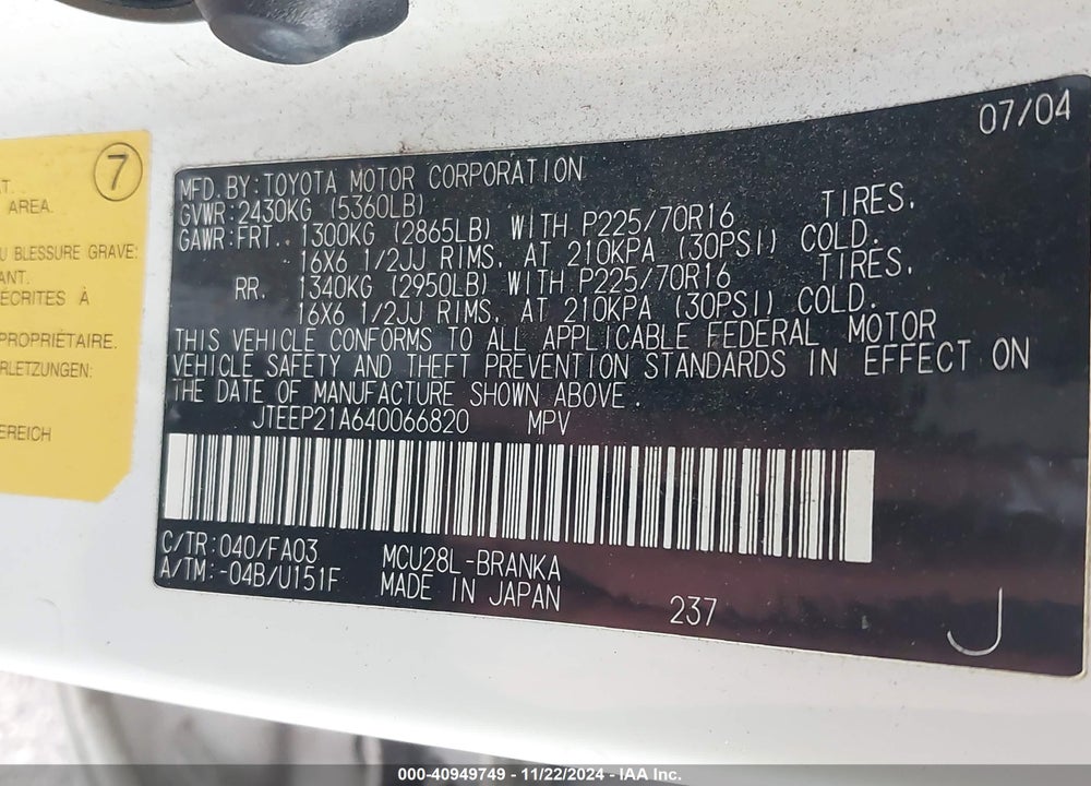 2004 TOYOTA HIGHLANDER V6 VIN: JTEEP21A640066820