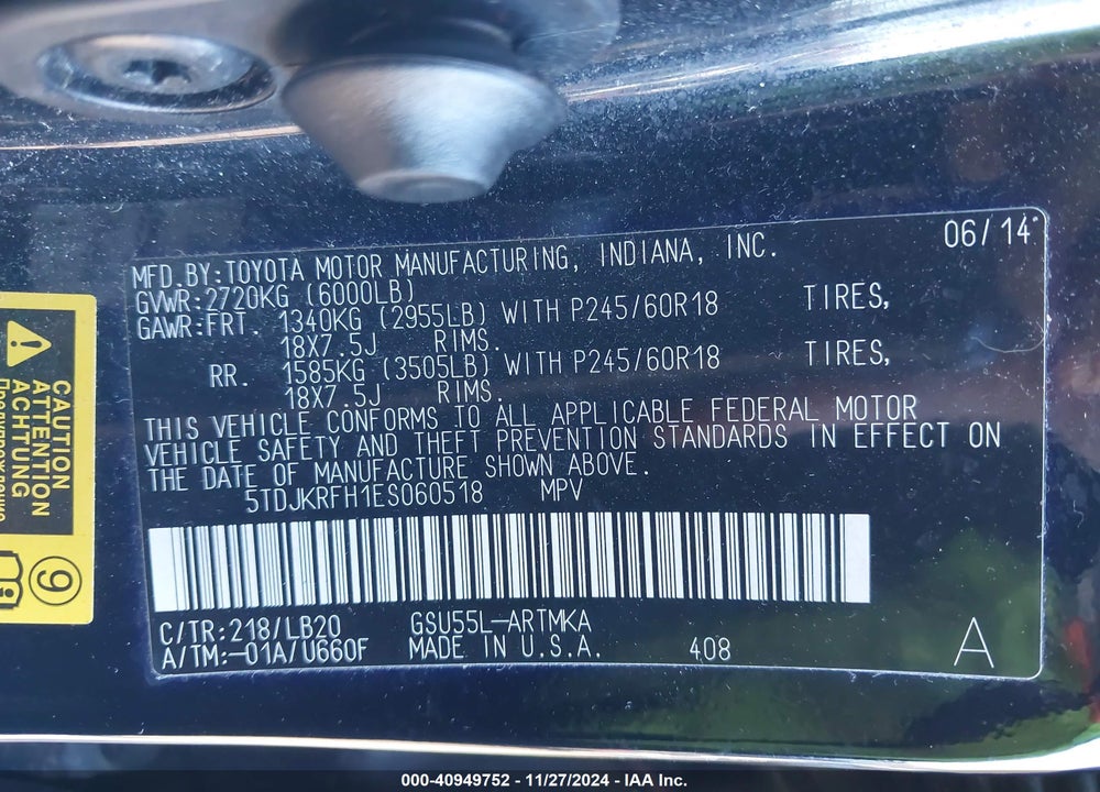 2014 TOYOTA HIGHLANDER XLE V6 VIN: 5TDJKRFH1ES060518