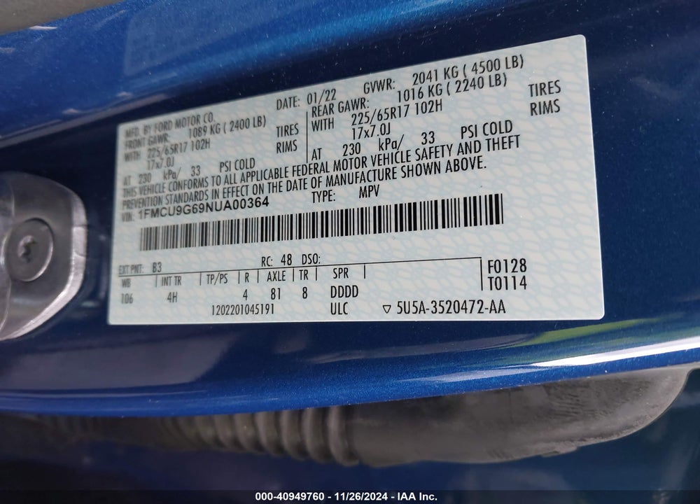 2022 FORD ESCAPE SE VIN: 1FMCU9G69NUA00364
