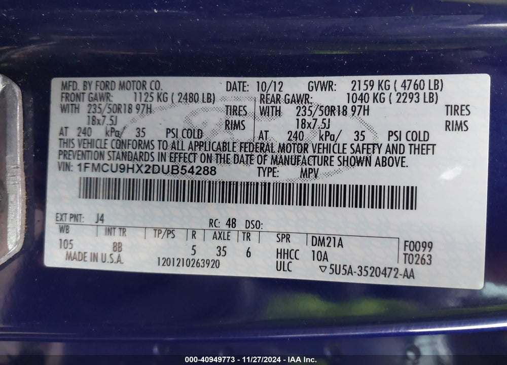 2013 FORD ESCAPE SEL VIN: 1FMCU9HX2DUB54288