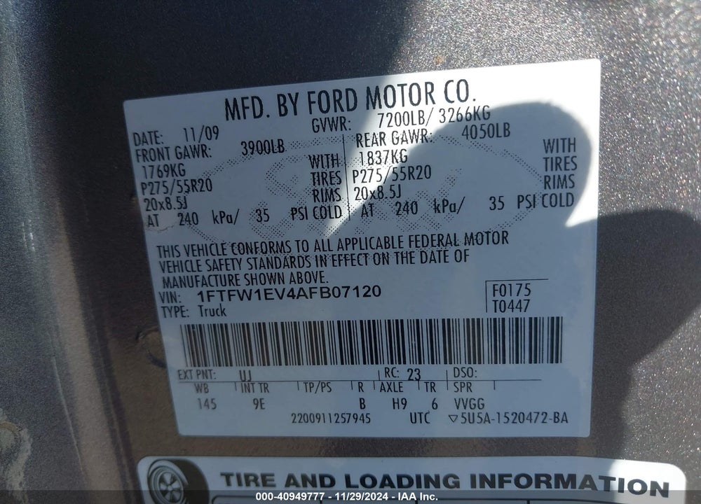 2010 FORD F-150 FX4/HARLEY-DAVIDSON/KING RANCH/LARIAT/PLATINUM/XL/XLT VIN: 1FTFW1EV4AFB07120