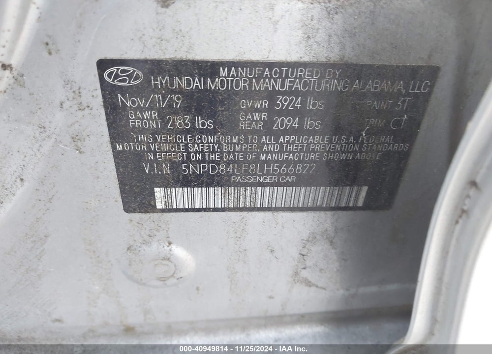 2020 HYUNDAI ELANTRA SEL VIN: 5NPD84LF8LH566822