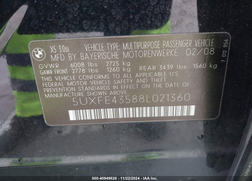 2008 BMW X5 3.0SI VIN: 5UXFE43588L021360