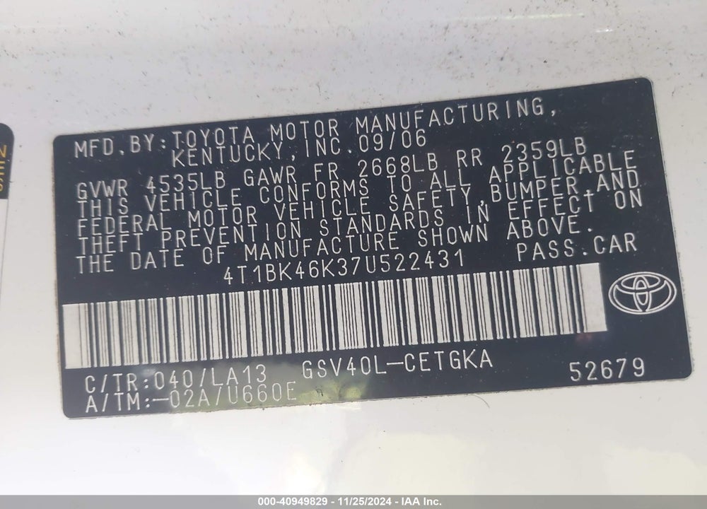 2007 TOYOTA CAMRY XLE V6 VIN: 4T1BK46K37U522431