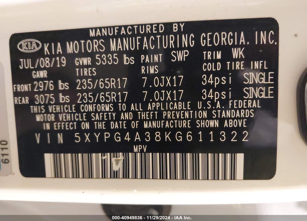 2019 KIA SORENTO 2.4L L VIN: 5XYPG4A38KG611322