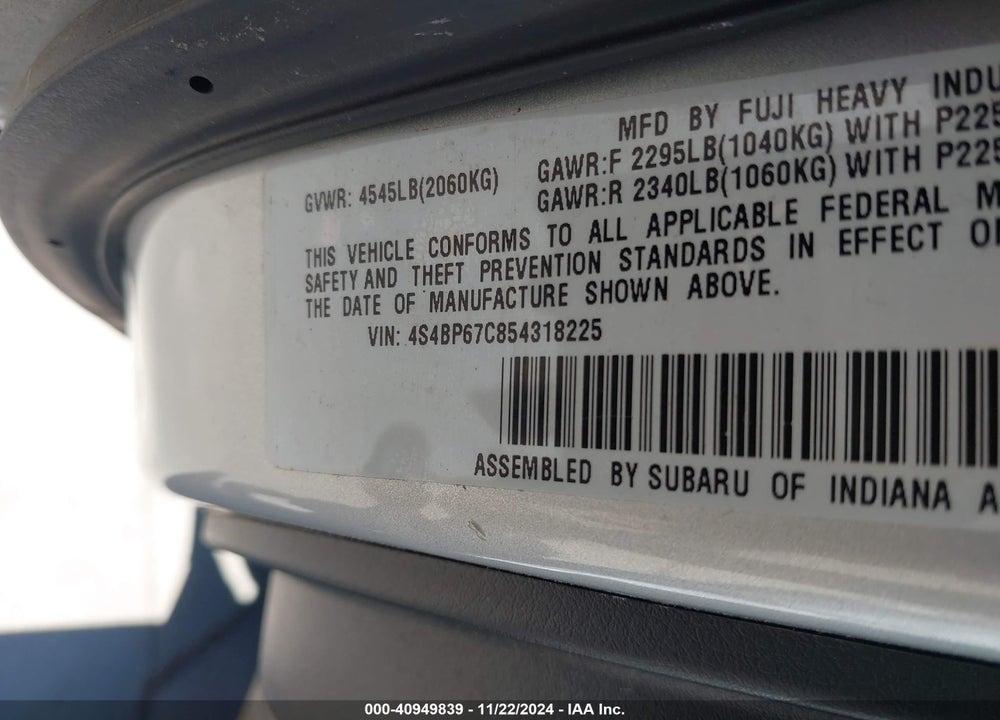 2005 SUBARU OUTBACK 2.5XT LIMITED VIN: 4S4BP67C854318225