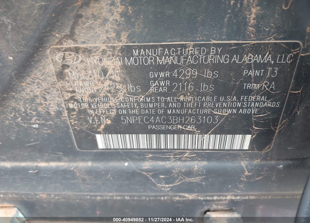 2011 HYUNDAI SONATA SE VIN: 5NPEC4AC3BH263103