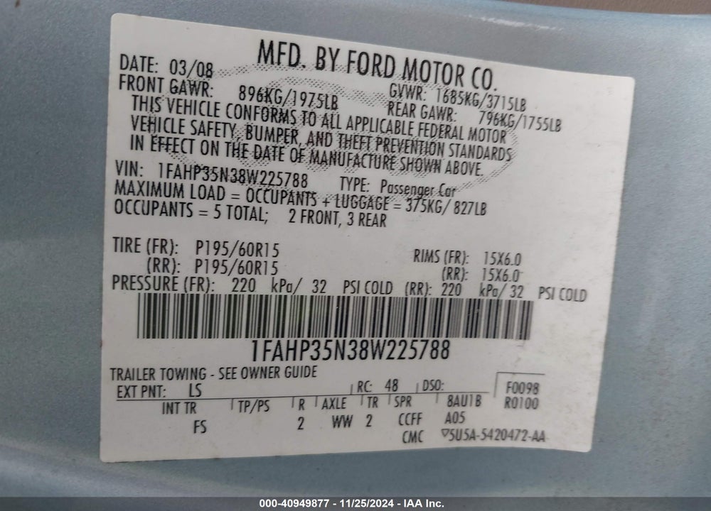 2008 FORD FOCUS SE/SES VIN: 1FAHP35N38W225788