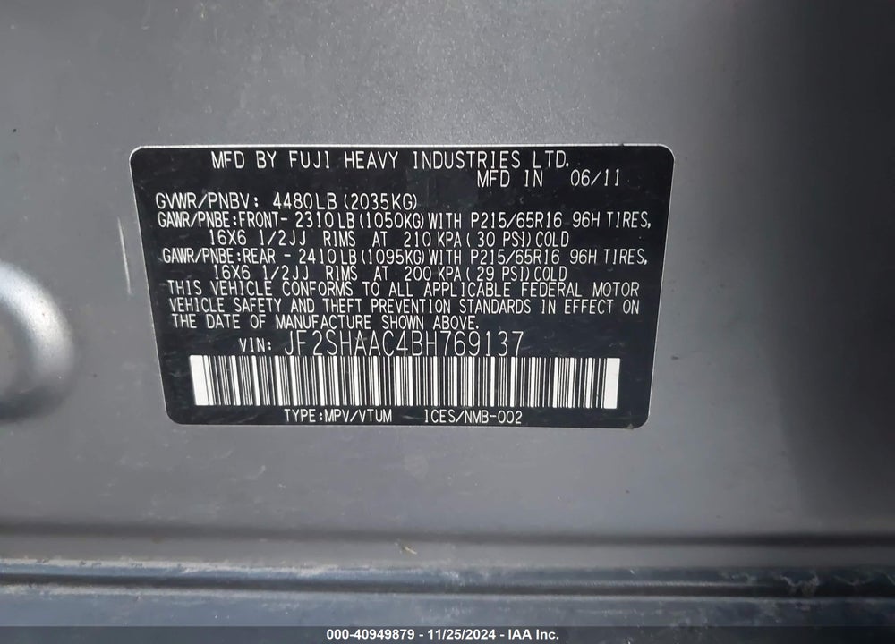 2011 SUBARU FORESTER 2.5X VIN: JF2SHAAC4BH769137