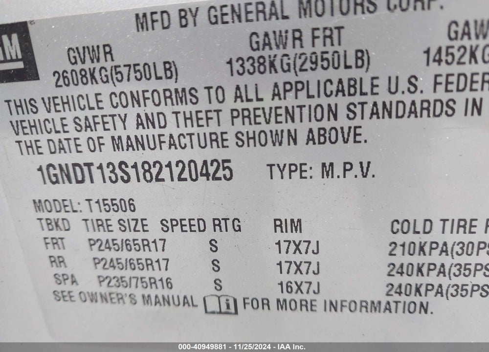 2008 CHEVROLET TRAILBLAZER LT VIN: 1GNDT13S182120425
