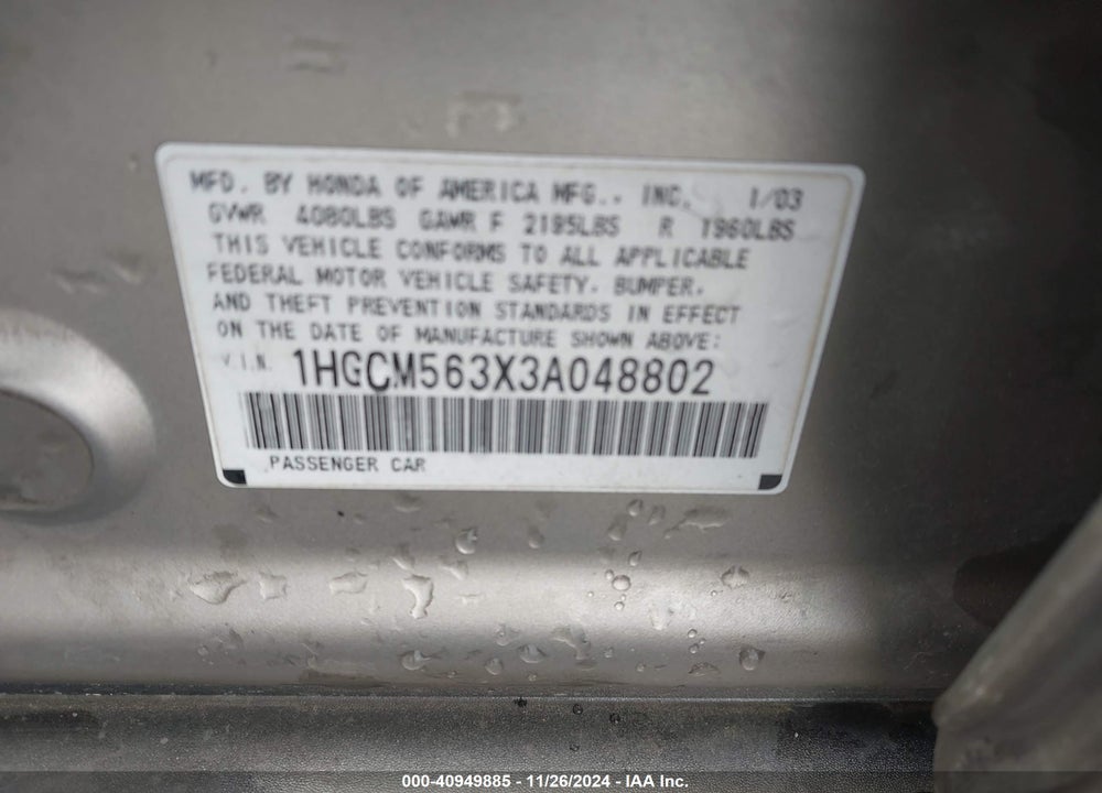 2003 HONDA ACCORD 2.4 LX VIN: 1HGCM563X3A048802