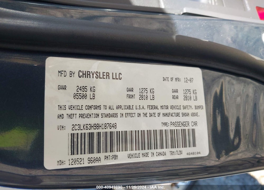 2008 CHRYSLER 300C VIN: 2C3LK63H98H187648