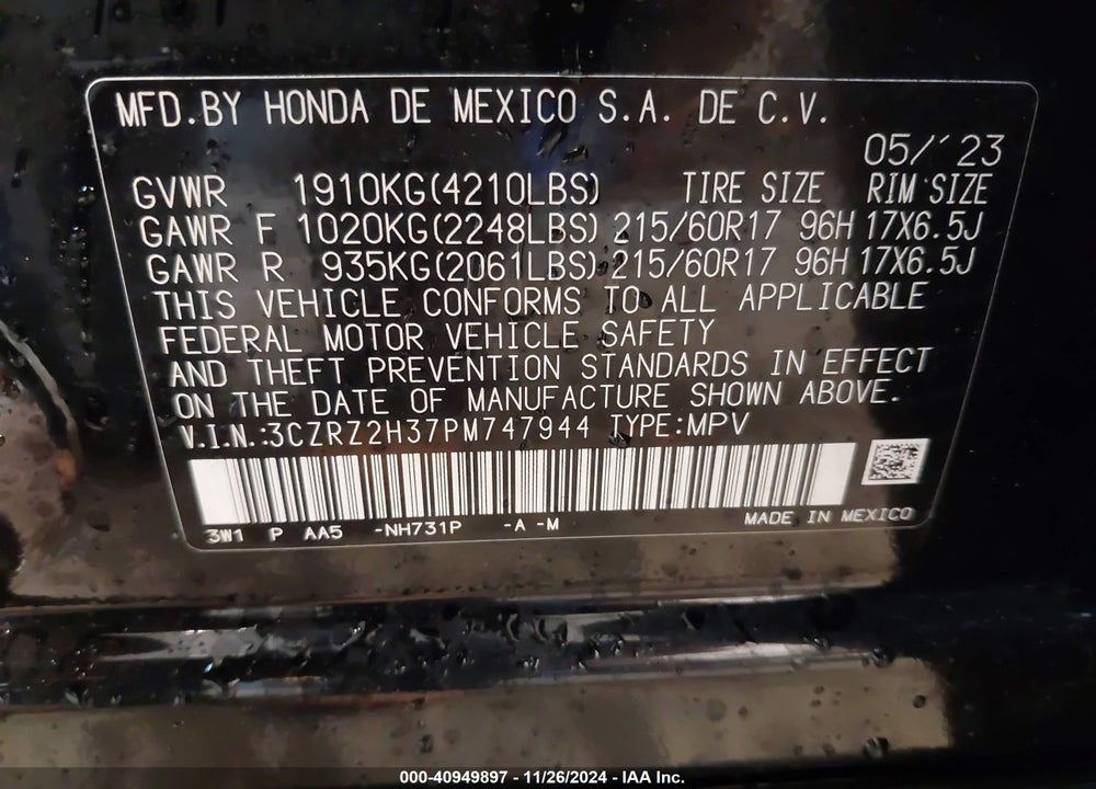 2023 HONDA HR-V AWD LX VIN: 3CZRZ2H37PM747944