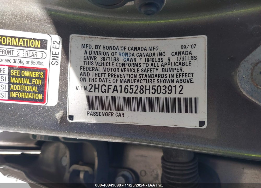 2008 HONDA CIVIC LX VIN: 2HGFA16528H503912
