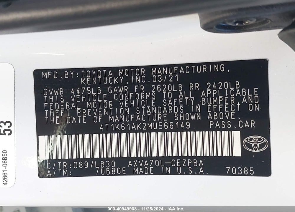 2021 TOYOTA CAMRY XSE VIN: 4T1K61AK2MU566149