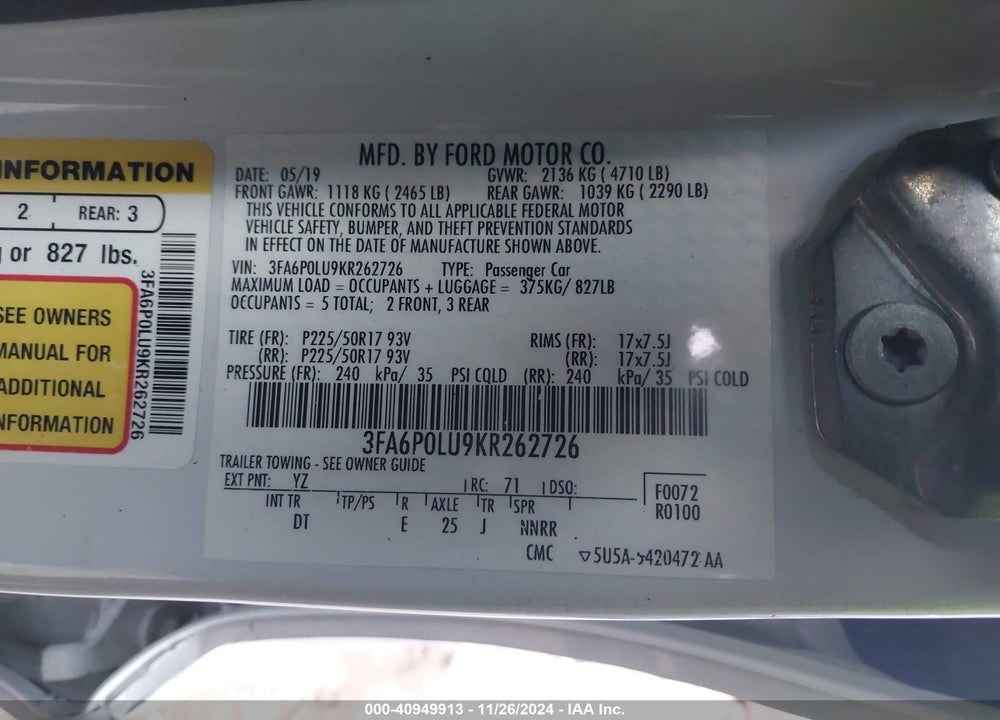 2019 FORD FUSION HYBRID SE VIN: 3FA6P0LU9KR262726