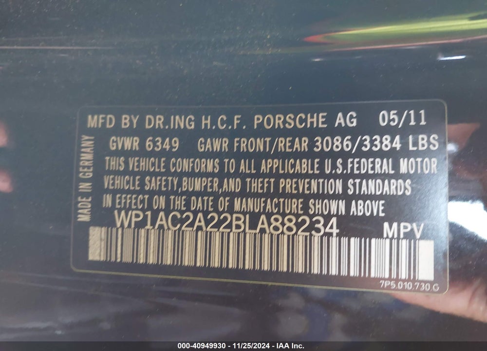 2011 PORSCHE CAYENNE TURBO VIN: WP1AC2A22BLA88234