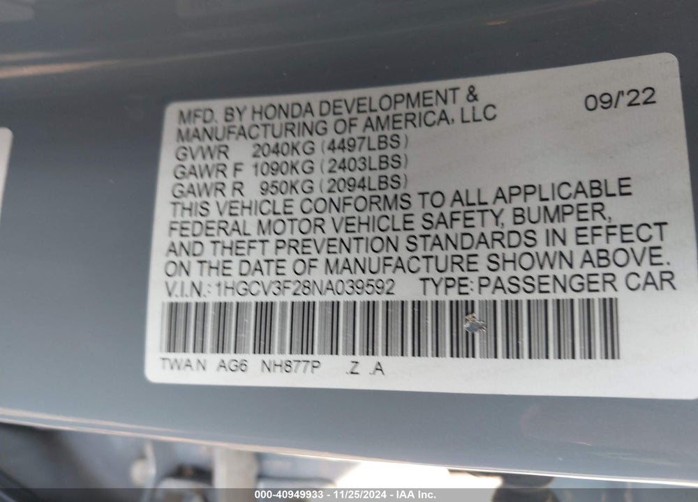 2022 HONDA ACCORD HYBRID SPORT VIN: 1HGCV3F28NA039592