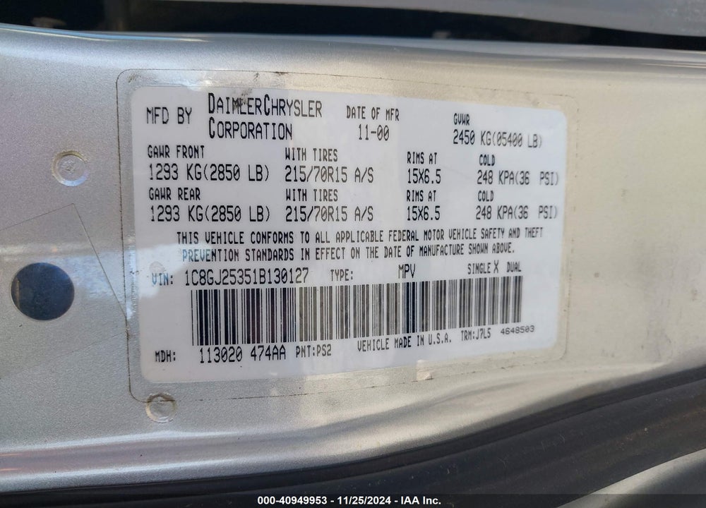 2001 CHRYSLER VOYAGER VIN: 1C8GJ25351B130127