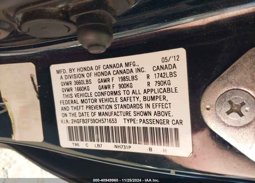 2012 HONDA CIVIC LX VIN: 2HGFB2F59CH571653