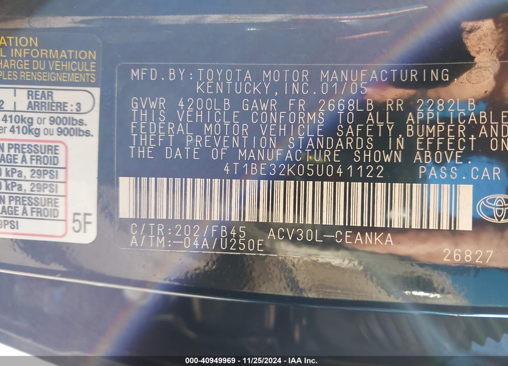 2005 TOYOTA CAMRY LE VIN: 4T1BE32K05U041122