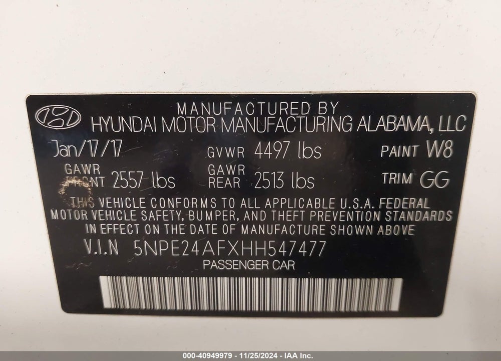 2017 HYUNDAI SONATA SE VIN: 5NPE24AFXHH547477