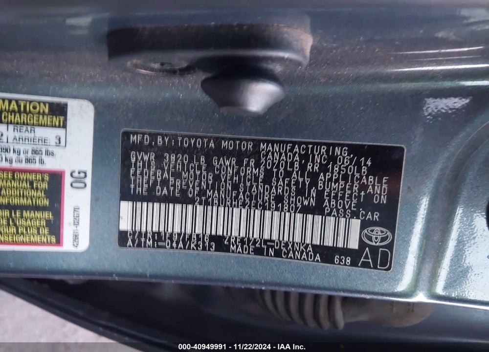 2014 TOYOTA COROLLA LE VIN: 2T1BURHE2EC191807