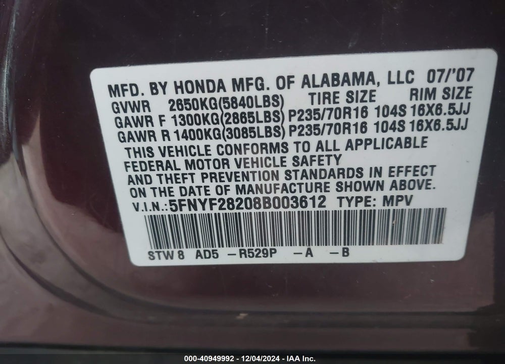 2008 HONDA PILOT VP VIN: 5FNYF28208B003612