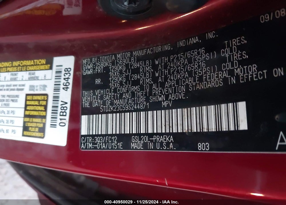 2009 TOYOTA SIENNA LE VIN: 5TDZK23C59S244871