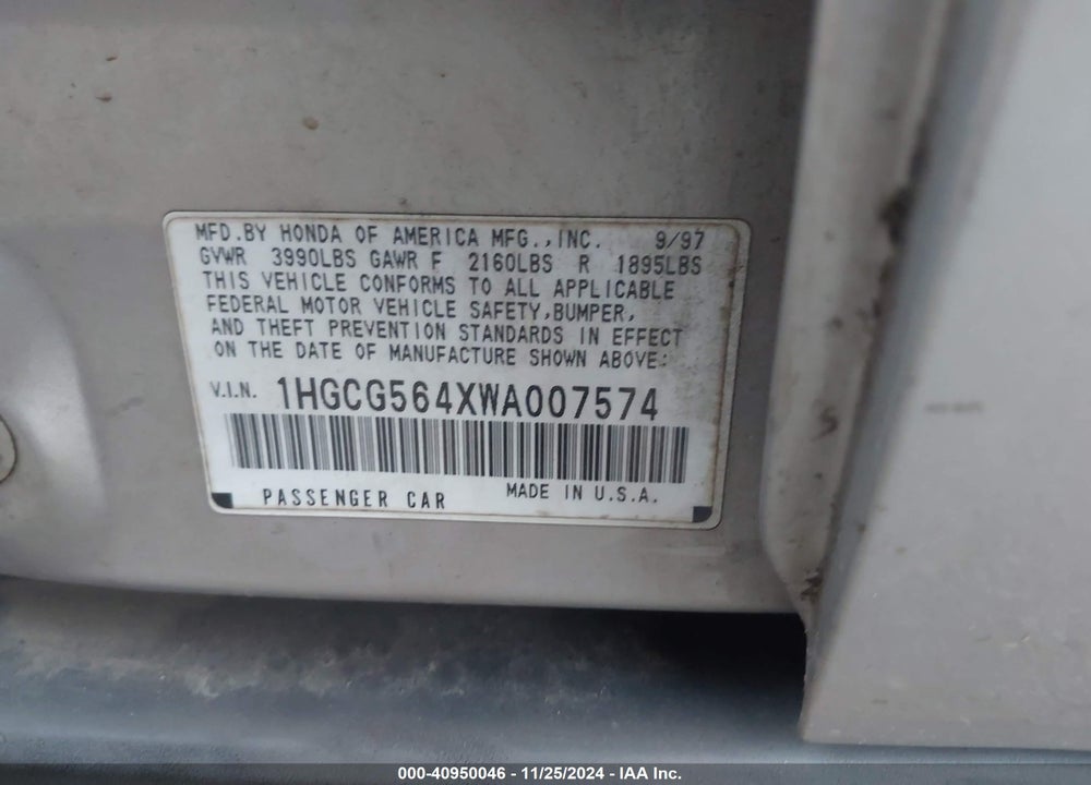1998 HONDA ACCORD LX VIN: 1HGCG564XWA007574