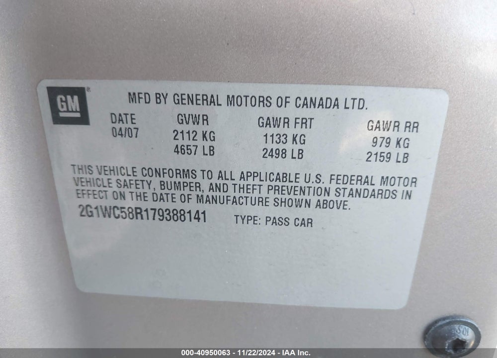 2007 CHEVROLET IMPALA LT VIN: 2G1WC58R179388141