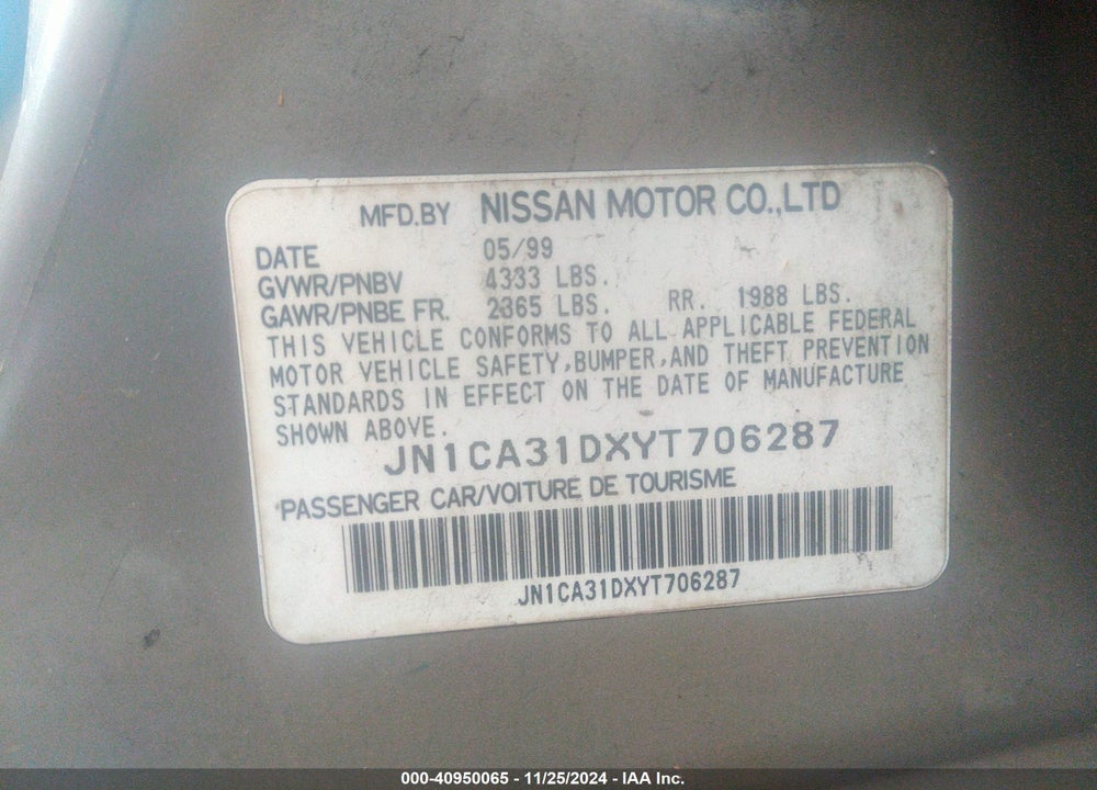 2000 NISSAN MAXIMA GLE/GXE/SE VIN: JN1CA31DXYT706287