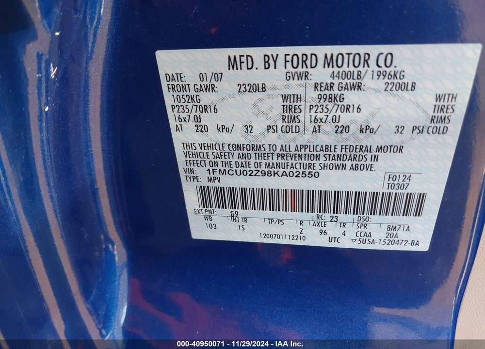 2008 FORD ESCAPE XLS/XLS MANUAL VIN: 1FMCU02Z98KA02550