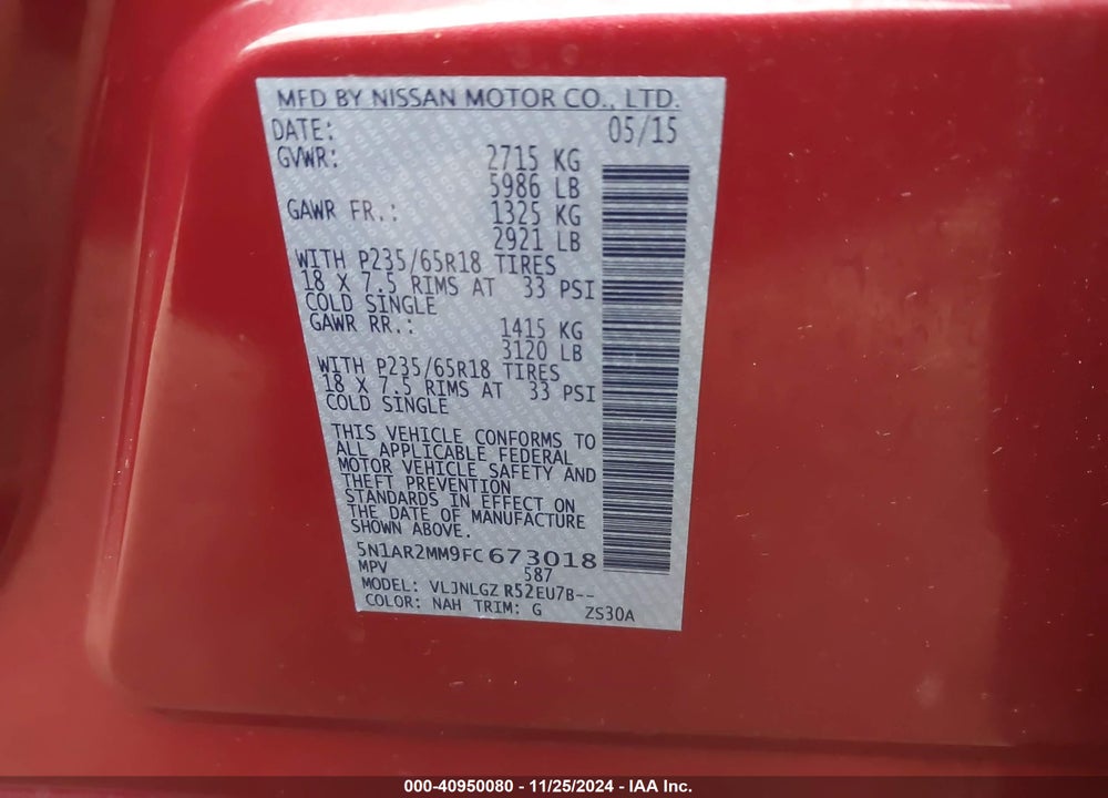 2015 NISSAN PATHFINDER SL VIN: 5N1AR2MM9FC673018