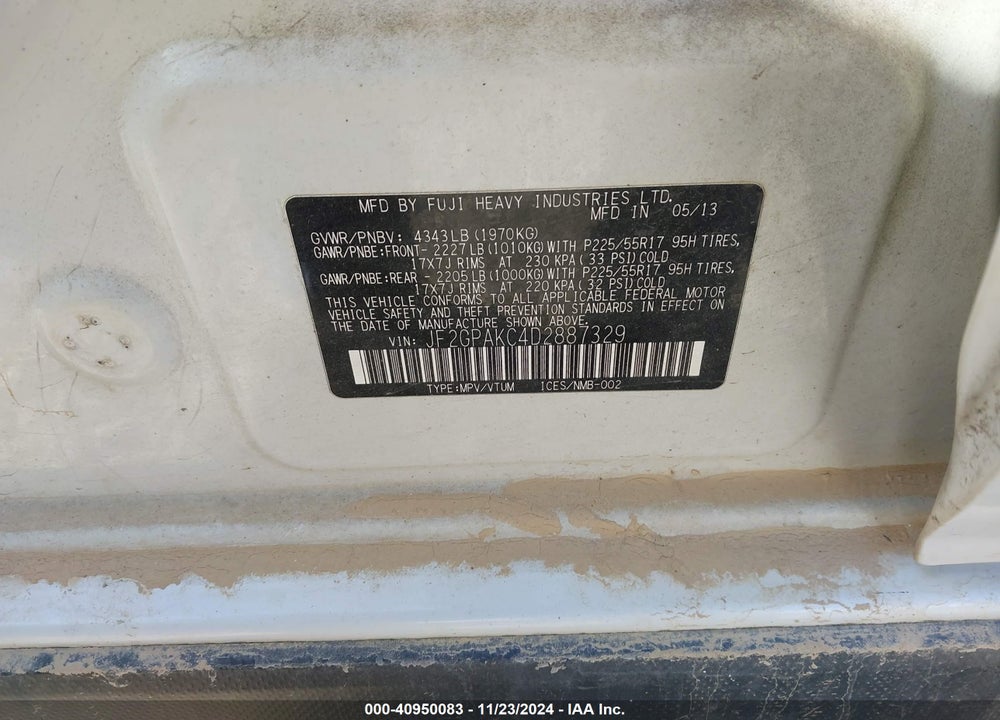 2013 SUBARU XV CROSSTREK 2.0I LIMITED VIN: JF2GPAKC4D2887329