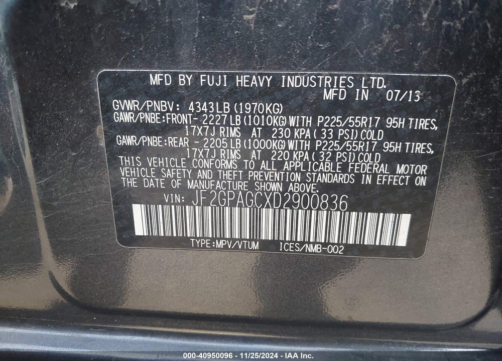 2013 SUBARU XV CROSSTREK 2.0I LIMITED VIN: JF2GPAGCXD2900836