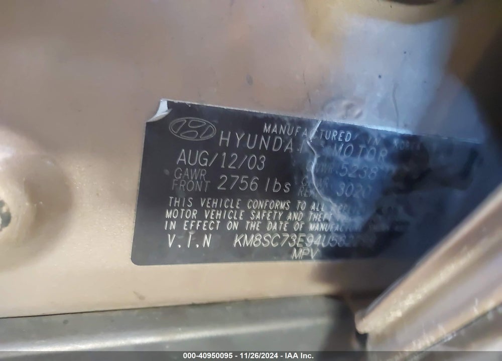 2004 HYUNDAI SANTA FE GLS/LX VIN: KM8SC73E94U582299