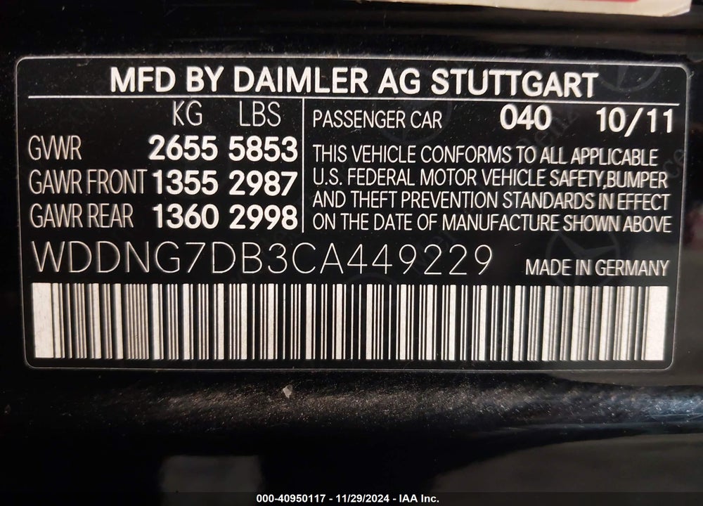 2012 MERCEDES-BENZ S 550 VIN: WDDNG7DB3CA449229