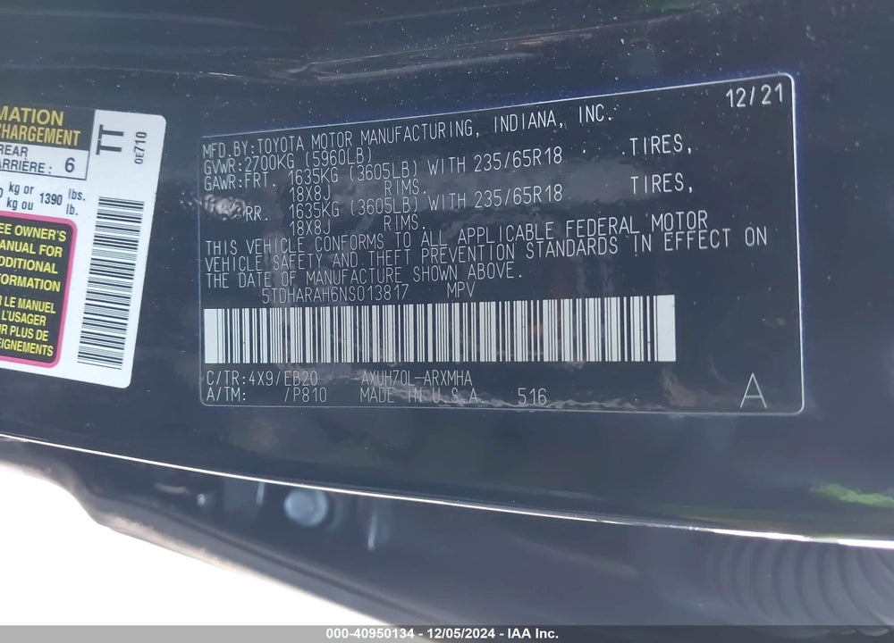 2022 TOYOTA HIGHLANDER HYBRID XLE VIN: 5TDHARAH6NS013817