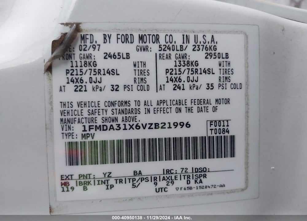 1997 FORD AEROSTAR XLT VIN: 1FMDA31X6VZB21996