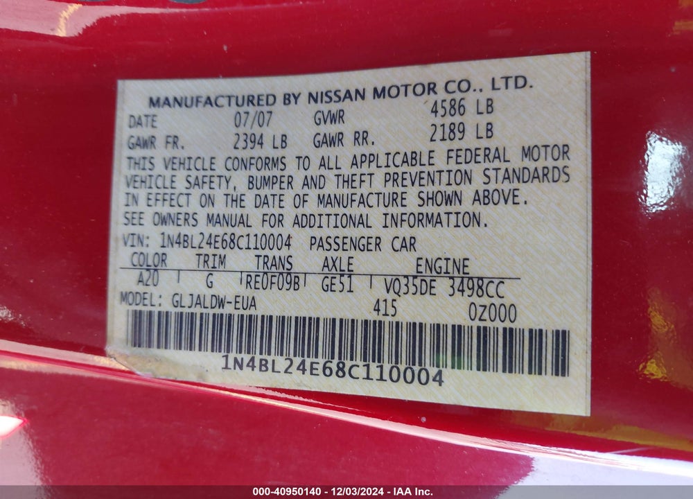 2008 NISSAN ALTIMA 3.5 SE VIN: 1N4BL24E68C110004