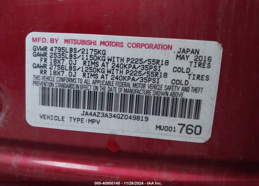 2016 MITSUBISHI OUTLANDER VIN: JA4AZ3A34GZ049819