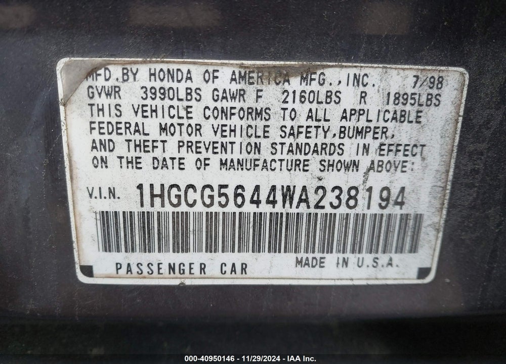 1998 HONDA ACCORD SDN LX VIN: 1HGCG5644WA238194